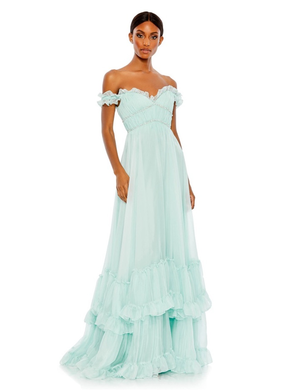 Mac Duggal Embellished Ruffle Tiered Off Shoulder Maxi Gown